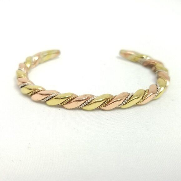 Vintage Solid Mixed Metal Cuff Bangle Bracelet, Solid Unsigned Estate - Picture 1 of 7